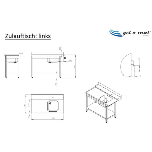 gel - o - mat - Zulauftisch links mit Becken - Edelstahl, 1200x730x870 mm, Aufkantung - gel - o - mat - GastroDeals