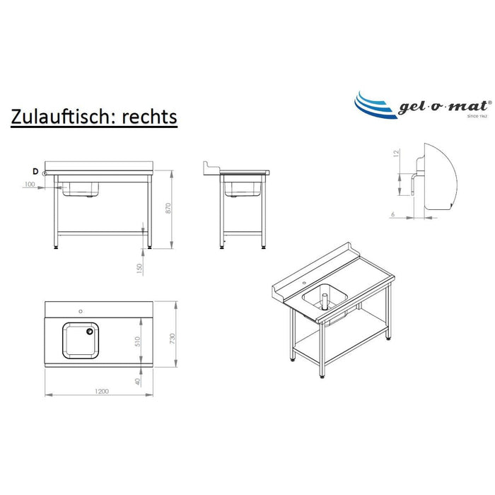 gel - o - mat - Zulauftisch rechts mit Becken - Edelstahl, 1200x730x870 mm, Aufkantung - gel - o - mat - GastroDeals