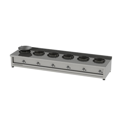 Heidebrenner - Heidebrenner Gas Wok - Herd "ROKU - 650" - 6 Kochzonen, 72 kW, Edelstahl - Wokring, 2500x650x350 mm - GastroDeals