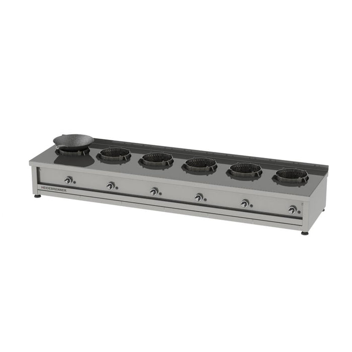 Heidebrenner - Heidebrenner Gas Wok - Herd "ROKU - 650" - 6 Kochzonen, 72 kW, Edelstahl - Wokring, 2500x650x350 mm - GastroDeals