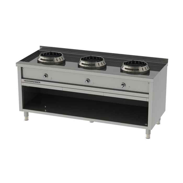 Heidebrenner - Heidebrenner Gas - Wok - Range HEBEI - 750 - 3 Kochzonen, 1900x750x850 mm, 54 kW, Edelstahl - Wokring - GastroDeals