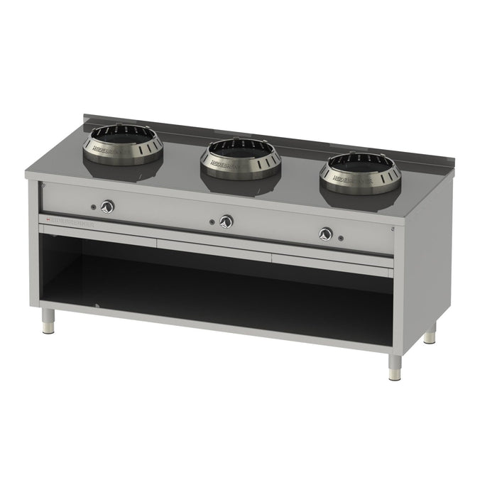 Heidebrenner - Heidebrenner Gas Wok - Range HEBEI - 750 - Standgerät, 36 kW, 3 Kochstellen, Edelstahl - Wokring - GastroDeals