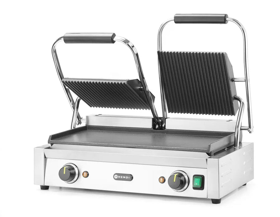 HENDI - Kontaktgrill Doppelversion - Oben Gerillt, Unten Glatt, 230V/3600W, 570x395x510 mm - HENDI - GastroDeals