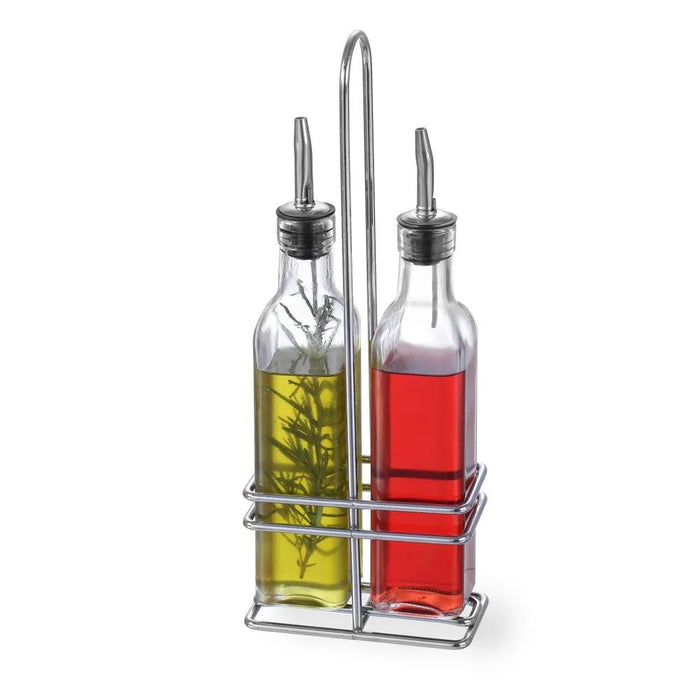 HENDI - Menage Essig und Öl - 2x 0,237L, Gestell aus verchromtem Stahl, Glasflaschen - HENDI - GastroDeals