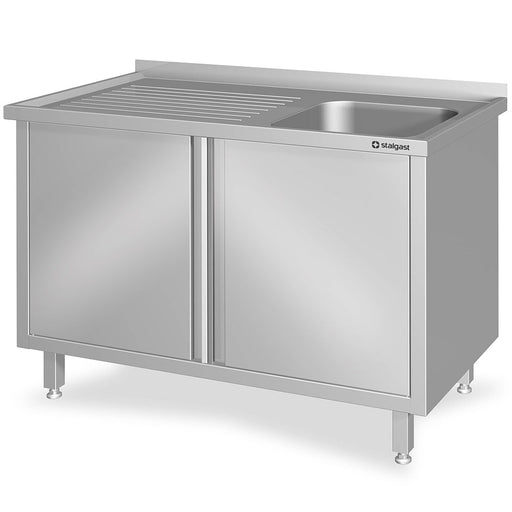Stalgast - Spülschrank mit Flügeltüren 1100x600x850 mm, mit einem Becken rechts, mit Aufkantung, verschweißt - GastroDeals