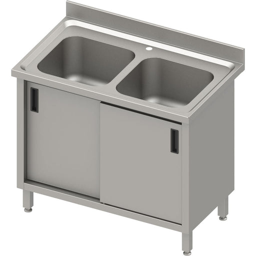 Stalgast - Spülschrank mit zwei Becken und Schiebetüren, mit Aufkantung, 1000 mm x 600 mm x 850 mm (BxTxH) - GastroDeals