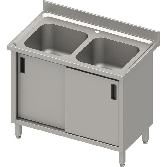 Stalgast - Spülschrank mit zwei Becken und Schiebetüren, mit Aufkantung, 1000 mm x 600 mm x 850 mm (BxTxH) - GastroDeals