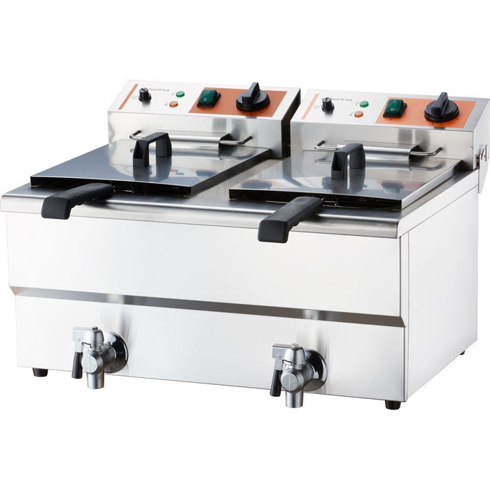 Caterina - Doppel-Fritteuse CATERINA, 2x 10 Liter, mit Ablasshahn 610x510x390 mm (BxTxH), 2x 3 kW 230V - GastroDeals