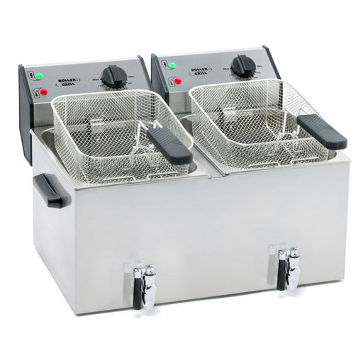 Roller Grill - ROLLER GRILL Fritteuse mit zwei Becken, mit Ablasshahn, 2 x 8 Liter, Abmessung 590 x 450 x 370 mm (BxTxH) - GastroDeals