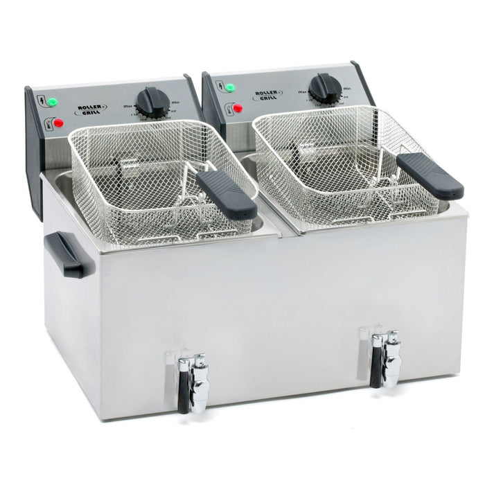 Roller Grill - ROLLER GRILL Fritteuse mit zwei Becken, mit Ablasshahn, 2 x 8 Liter, Abmessung 590 x 450 x 370 mm (BxTxH) - GastroDeals