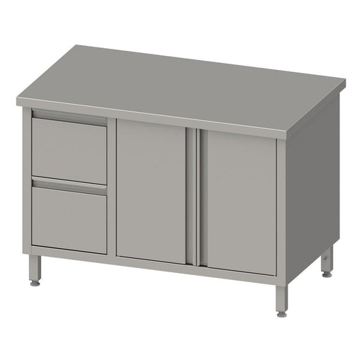 Stalgast - Arbeitsschrank mit Flügeltüren, 1300x600x850 mm, mit 2er Schubladenblock links, ohne Aufkantung, verschweißt - GastroDeals
