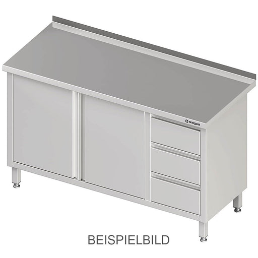 Stalgast - Arbeitsschrank mit Flügeltüren, 1300x700x850 mm, mit 3er Schubladenblock links, mit Aufkantung, verschweißt - GastroDeals