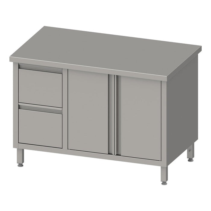 Stalgast - Arbeitsschrank mit Flügeltüren, 1500x700x850 mm, mit 2er Schubladenblock links, ohne Aufkantung, verschweißt - GastroDeals