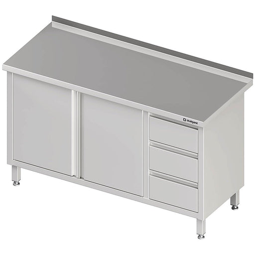 Stalgast - Arbeitsschrank mit Flügeltüren, 1600x600x850 mm, mit 3er Schubladenblock rechts, mit Aufkantung, verschweißt - GastroDeals