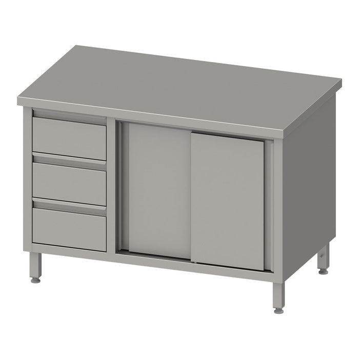 Stalgast - Arbeitsschrank mit Schiebetüren, 1300x600x850 mm, mit 3er Schubladenblock links, ohne Aufkantung, verschweißt - GastroDeals