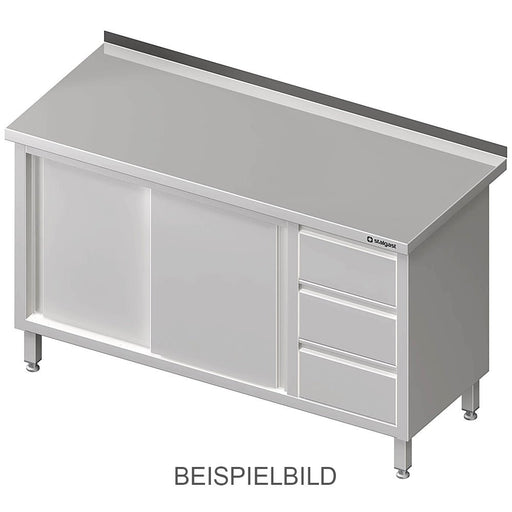 Stalgast - Arbeitsschrank mit Schiebetüren, 1300x700x850 mm, mit 3er Schubladenblock links, mit Aufkantung, verschweißt - GastroDeals
