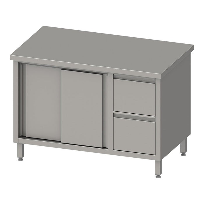 Stalgast - Arbeitsschrank mit Schiebetüren 2000x600x850 mm, mit 2er Schubladenblock rechts, ohne Aufkantung, verschweißt - GastroDeals