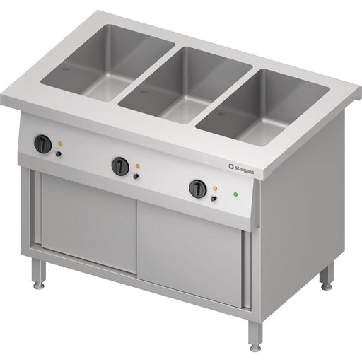 Stalgast - Bain-Marie-Station "Free Flow" 3x GN1/1-Becken, mit Schiebetüren, 1132x750x880 mm Edelstahlabdeckung - GastroDeals