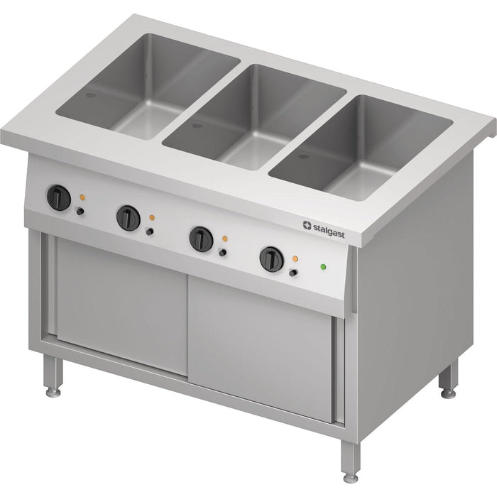 Stalgast - Bain-Marie-Station "Free Flow" 3x GN1/1-Becken, mit Wärmeschrank und Schiebetüren, 1132x750x880 mm Edelstahlabdeckung - GastroDeals