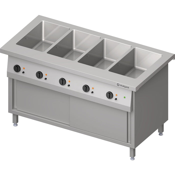 Stalgast - Bain-Marie-Station "Free Flow" 4x GN1/1-Becken, mit Wärmeschrank und Schiebetüren, 1465x750x880 mm Edelstahlabdeckung - GastroDeals