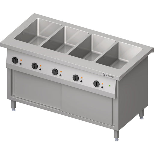 Stalgast - Bain-Marie-Station "Free Flow" 4x GN1/1-Becken, mit Wärmeschrank und Schiebetüren, 1465x750x880 mm Granitabdeckung "Standard G1" - GastroDeals